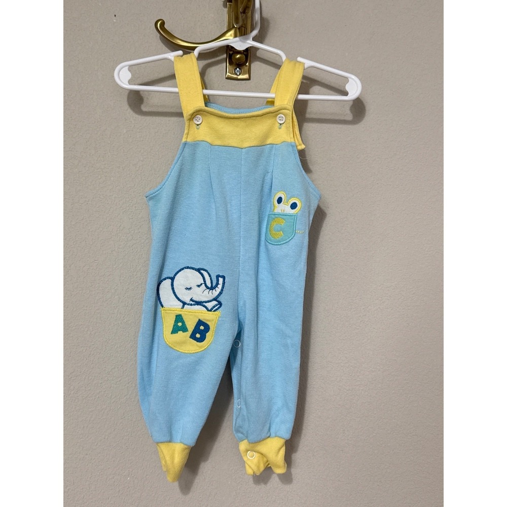 Buster Brown Romper Baby 6-9M Blue Yellow Vintage Sleeveless One Piece Applique